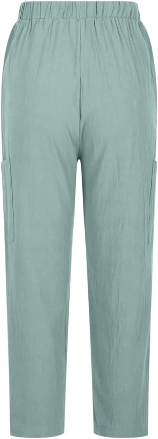 Linen Pants for Women Summer Beach Straight Leg Trousers Casual Elastic Waist Breathable Slacks Pants with Pocket