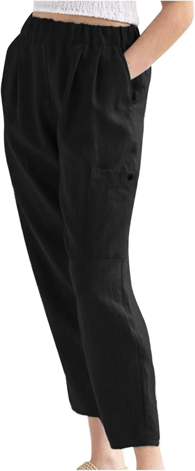 Linen Pants for Women Summer Beach Straight Leg Trousers Casual Elastic Waist Breathable Slacks Pants with Pocket
