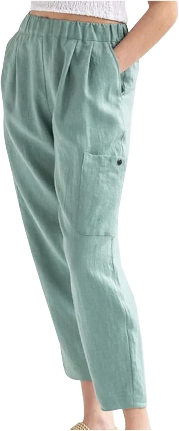 Linen Pants for Women Summer Beach Straight Leg Trousers Casual Elastic Waist Breathable Slacks Pants with Pocket