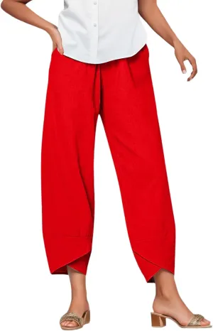 Linen Pants Women Casual Summer Capris Lightweight Cropped Pant Baggy Palazzo Pants Soft Wide Leg Trousers Pants with Pockets, Small, #A4-red