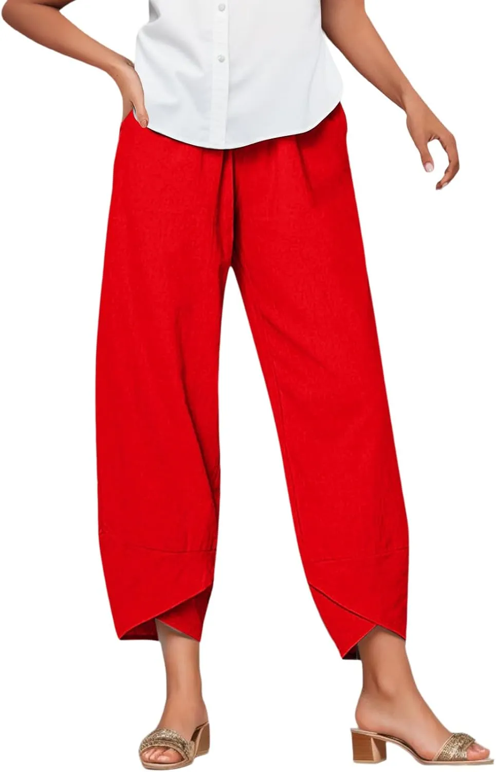 Linen Pants Women Casual Summer Capris Lightweight Cropped Pant Baggy Palazzo Pants Soft Wide Leg Trousers Pants with Pockets, Small, #A4-red