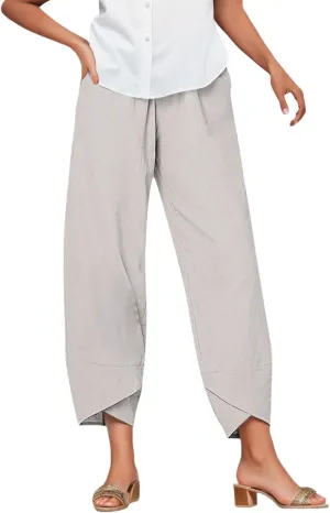 Linen Pants Women Casual Summer Capris Lightweight Cropped Pant Baggy Palazzo Pants Soft Wide Leg Trousers Pants with Pockets, X-Large, #A3-beige
