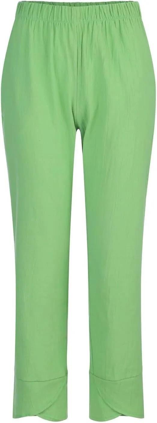 Linen Pants Women Casual Summer Capris Lightweight Cropped Pant Baggy Palazzo Pants Soft Wide Leg Trousers Pants with Pockets