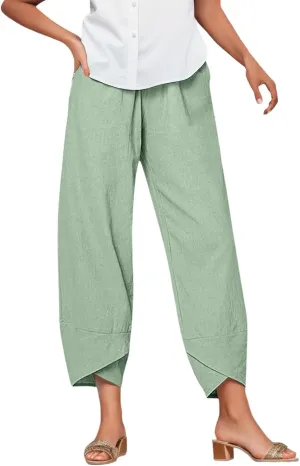 Linen Pants Women Casual Summer Capris Lightweight Cropped Pant Baggy Palazzo Pants Soft Wide Leg Trousers Pants with Pockets