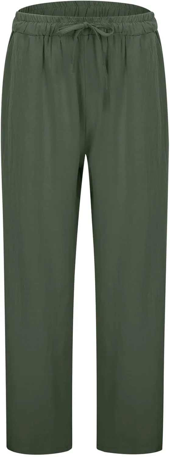 Linen Pants Women Loose Fit Summer Casual Solid Color Boho Plus Size High Waist Linen Pants Cotton Comfy Lounge Trousers