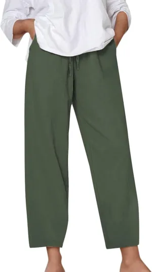 Linen Pants Women Loose Fit Summer Casual Solid Color Boho Plus Size High Waist Linen Pants Cotton Comfy Lounge Trousers