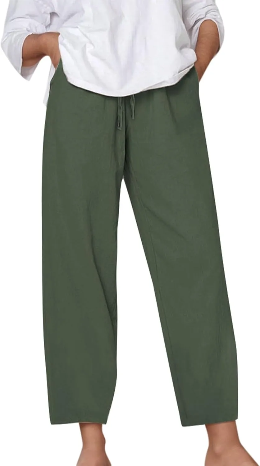Linen Pants Women Loose Fit Summer Casual Solid Color Boho Plus Size High Waist Linen Pants Cotton Comfy Lounge Trousers
