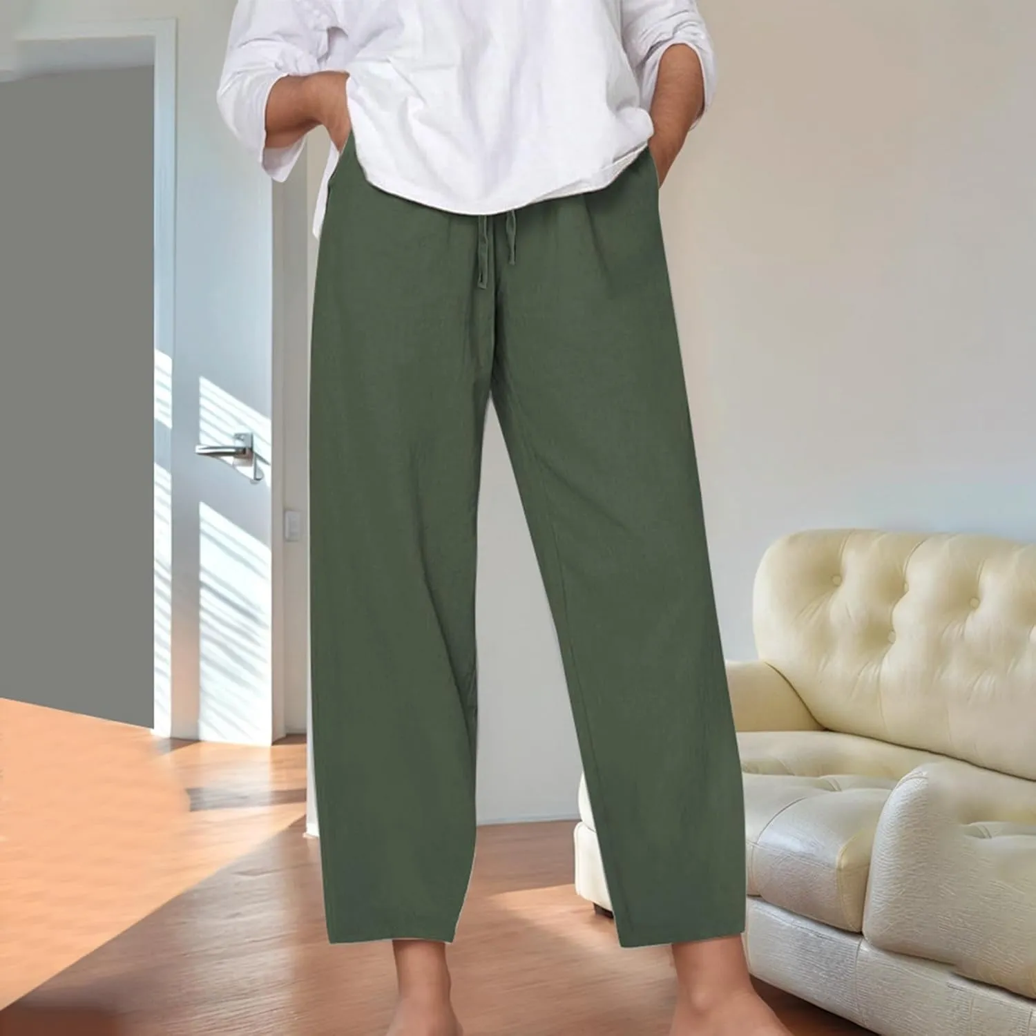 Linen Pants Women Loose Fit Summer Casual Solid Color Boho Plus Size High Waist Linen Pants Cotton Comfy Lounge Trousers