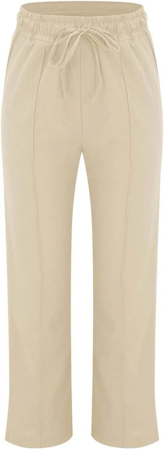 Linen Pants Women Summer Casual Loose Plus Size Straight Leg Pants Drawstring High Waisted Pants Trousers with Pockets