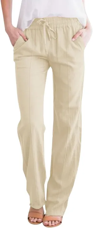 Linen Pants Women Summer Casual Loose Plus Size Straight Leg Pants Drawstring High Waisted Pants Trousers with Pockets