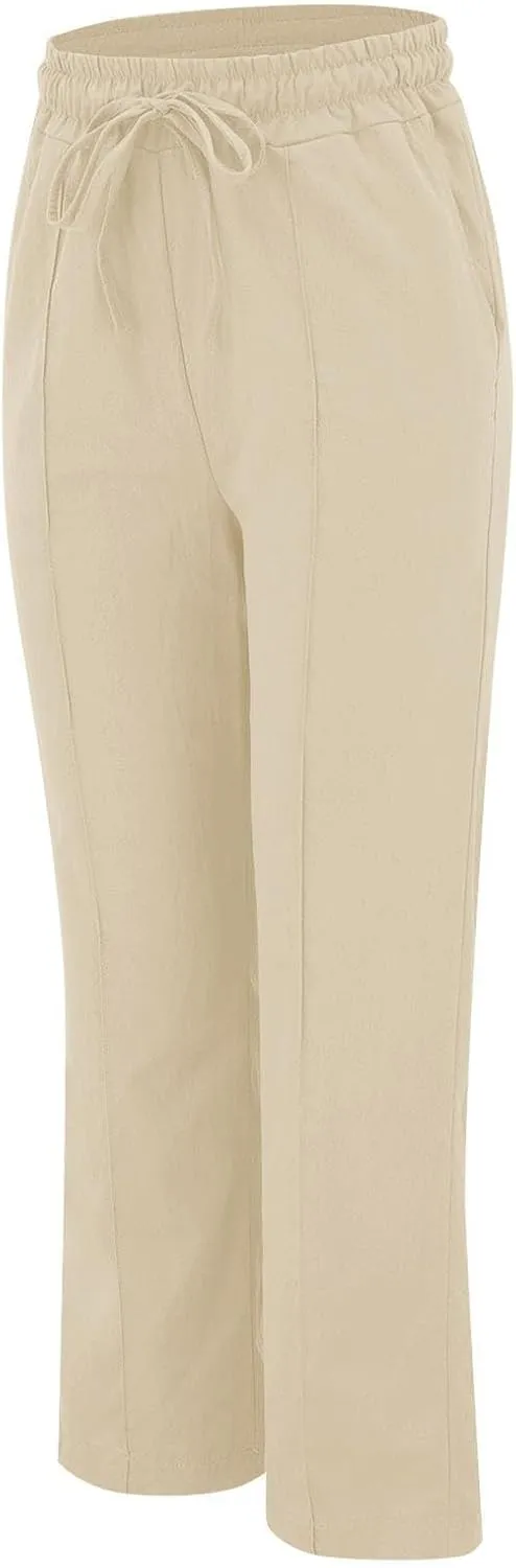 Linen Pants Women Summer Casual Loose Plus Size Straight Leg Pants Drawstring High Waisted Pants Trousers with Pockets