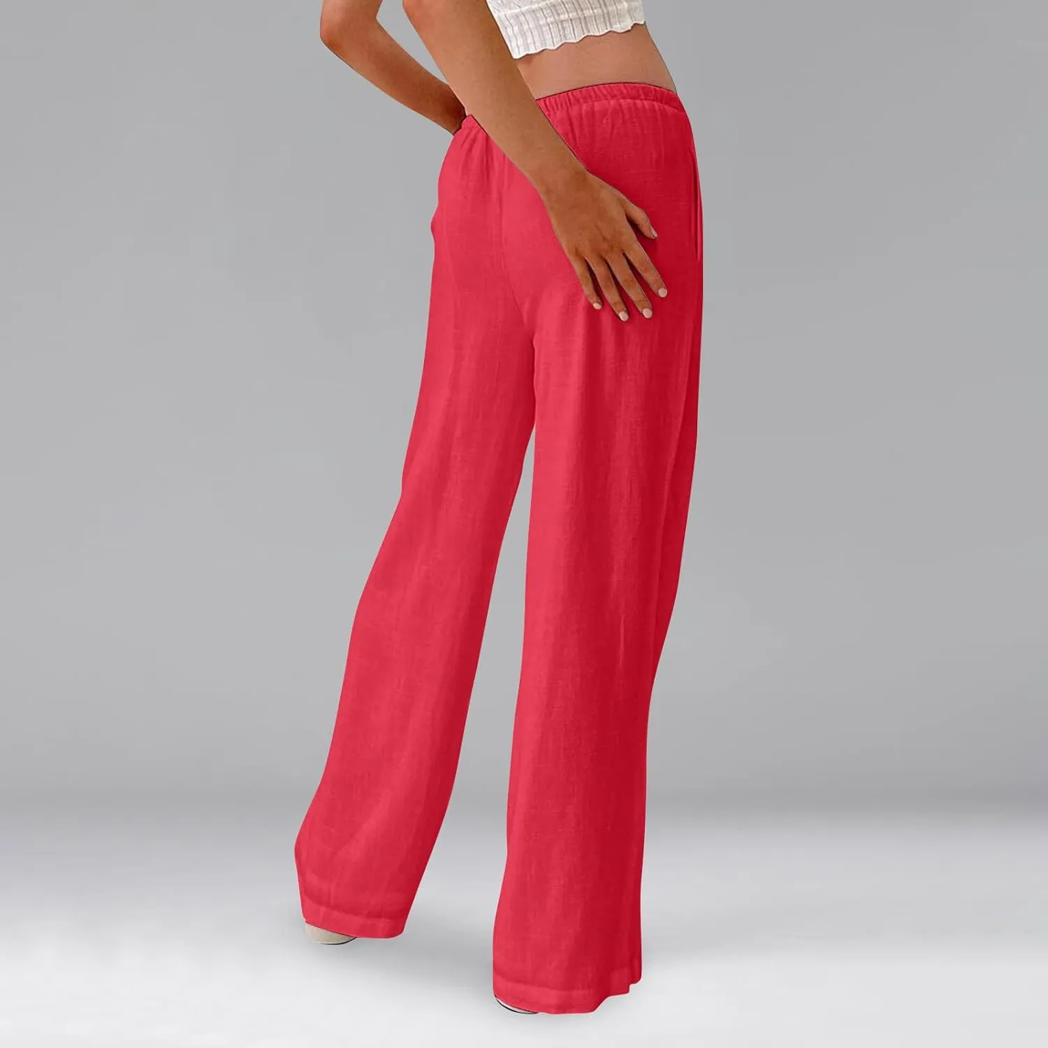Linen Pants Women Summer Wide Leg Pants Drawstring Elastic Waist Trousers Baggy Maternity Palazzo Pant with Pockets
