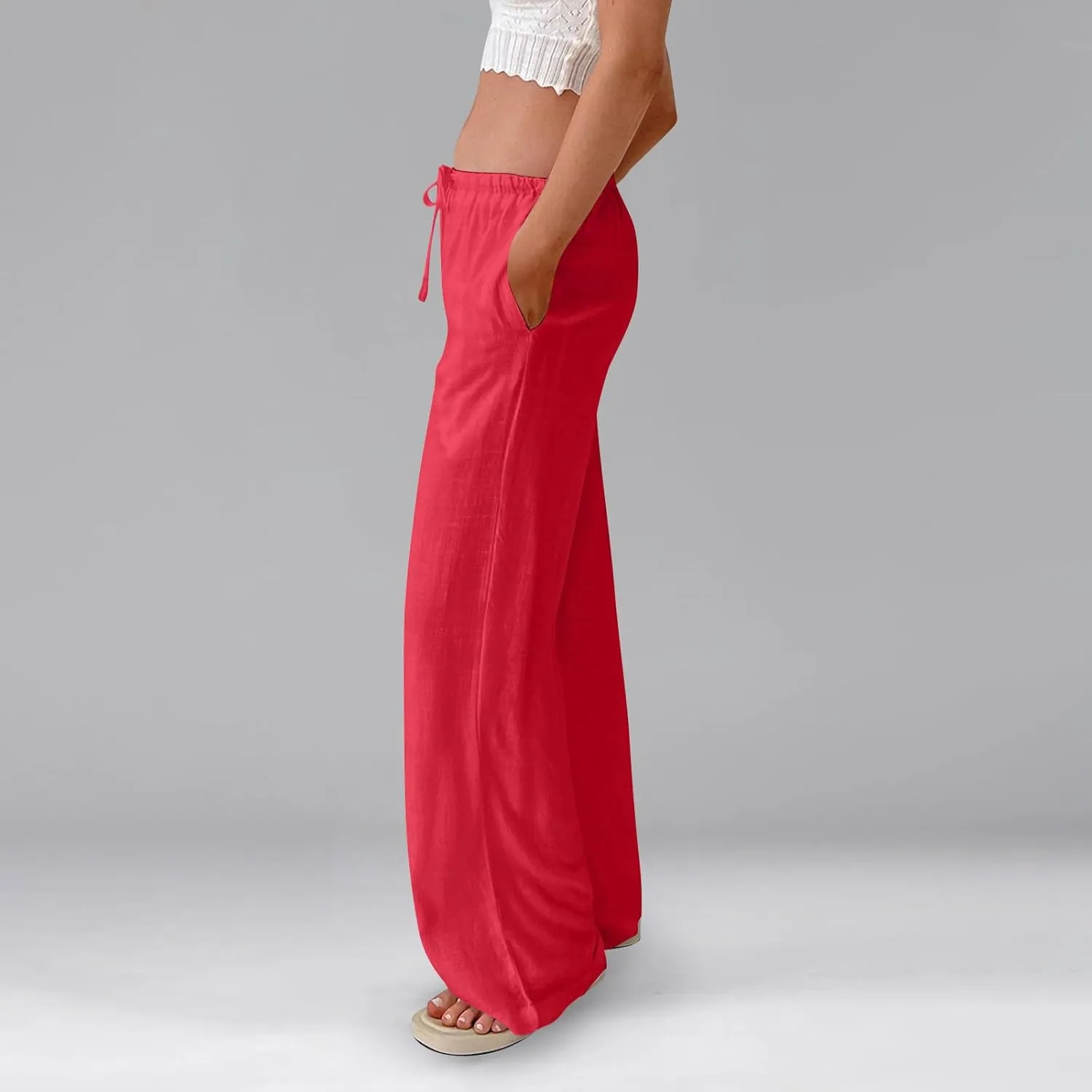 Linen Pants Women Summer Wide Leg Pants Drawstring Elastic Waist Trousers Baggy Maternity Palazzo Pant with Pockets