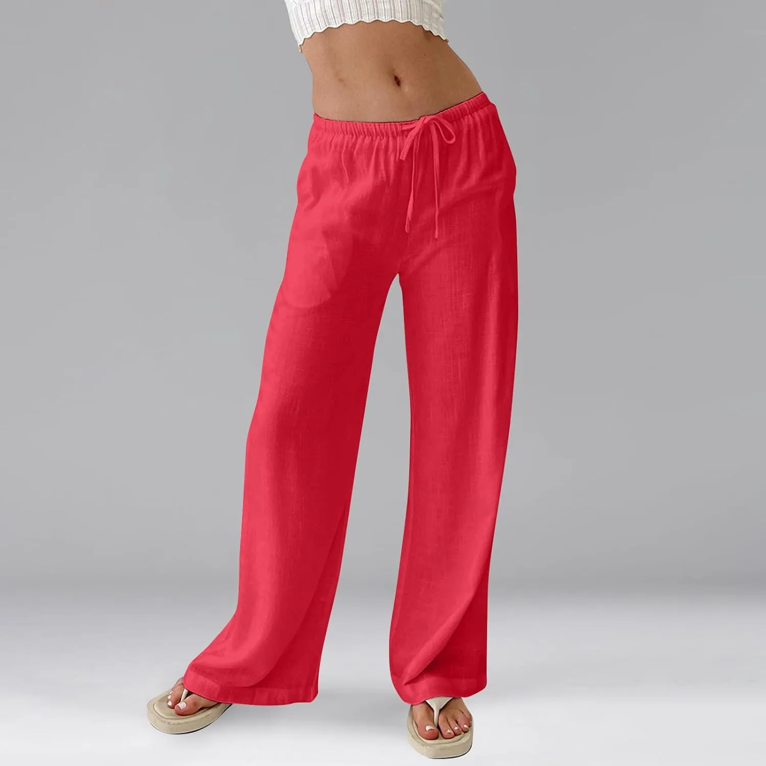 Linen Pants Women Summer Wide Leg Pants Drawstring Elastic Waist Trousers Baggy Maternity Palazzo Pant with Pockets