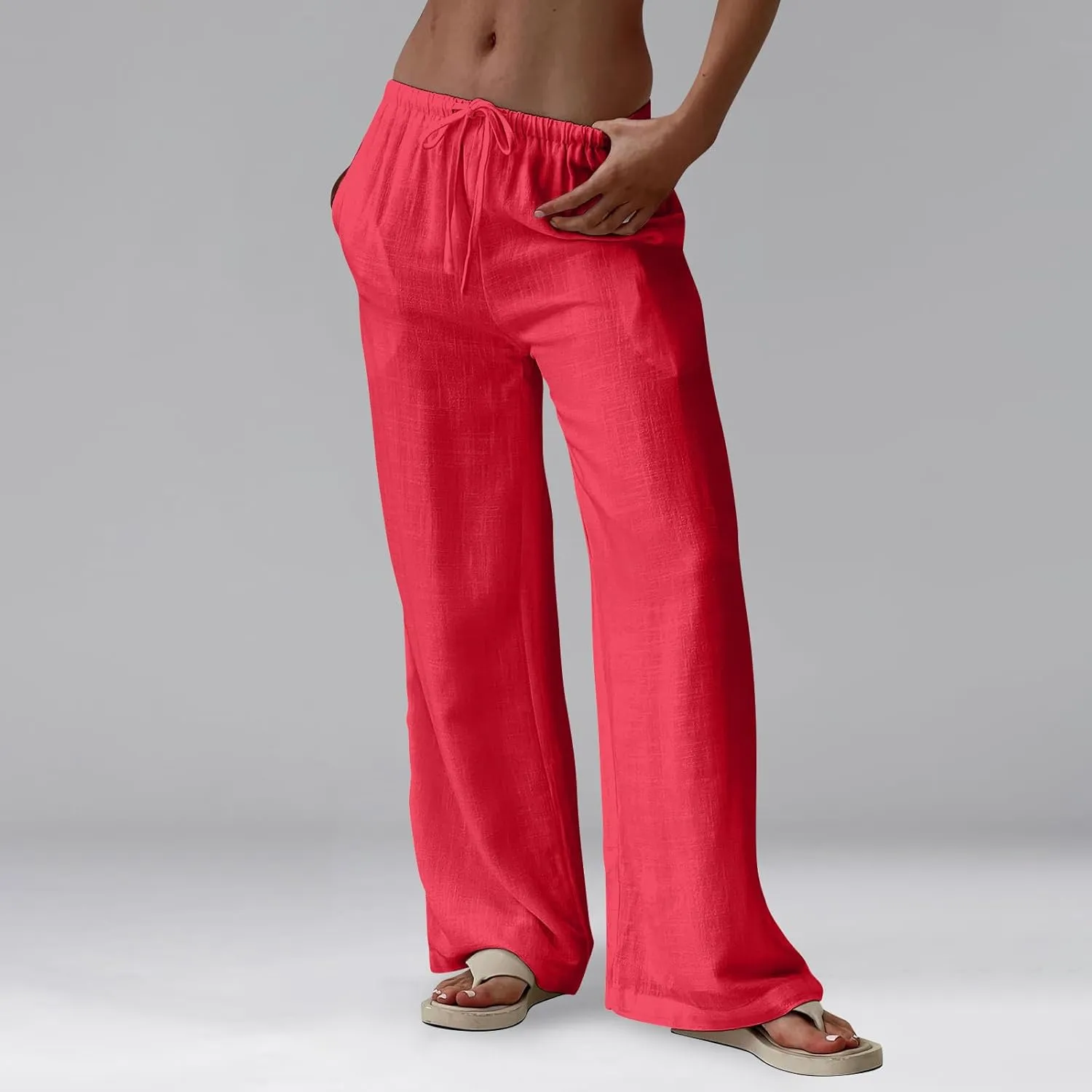 Linen Pants Women Summer Wide Leg Pants Drawstring Elastic Waist Trousers Baggy Maternity Palazzo Pant with Pockets