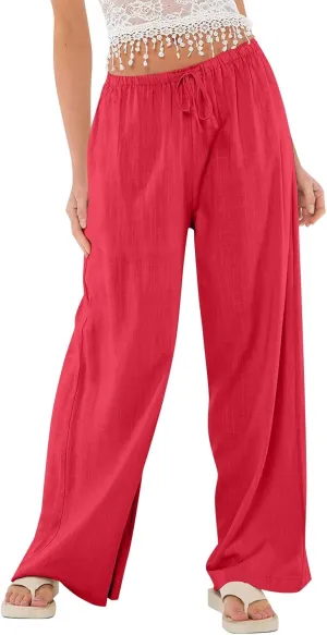 Linen Pants Women Summer Wide Leg Pants Drawstring Elastic Waist Trousers Baggy Maternity Palazzo Pant with Pockets