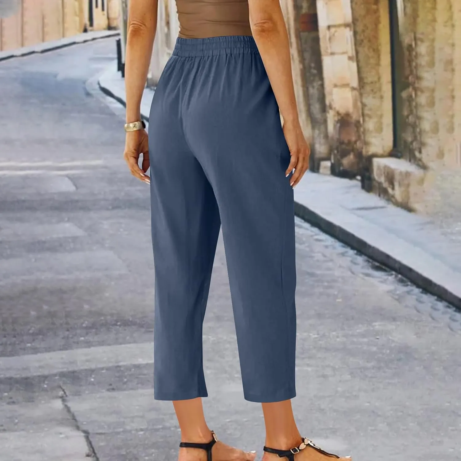 Linen Pants Women's Straight Leg Capri Pants for Women Solid Color Sweatpants for Women Elastic Waist Cropped Trousers