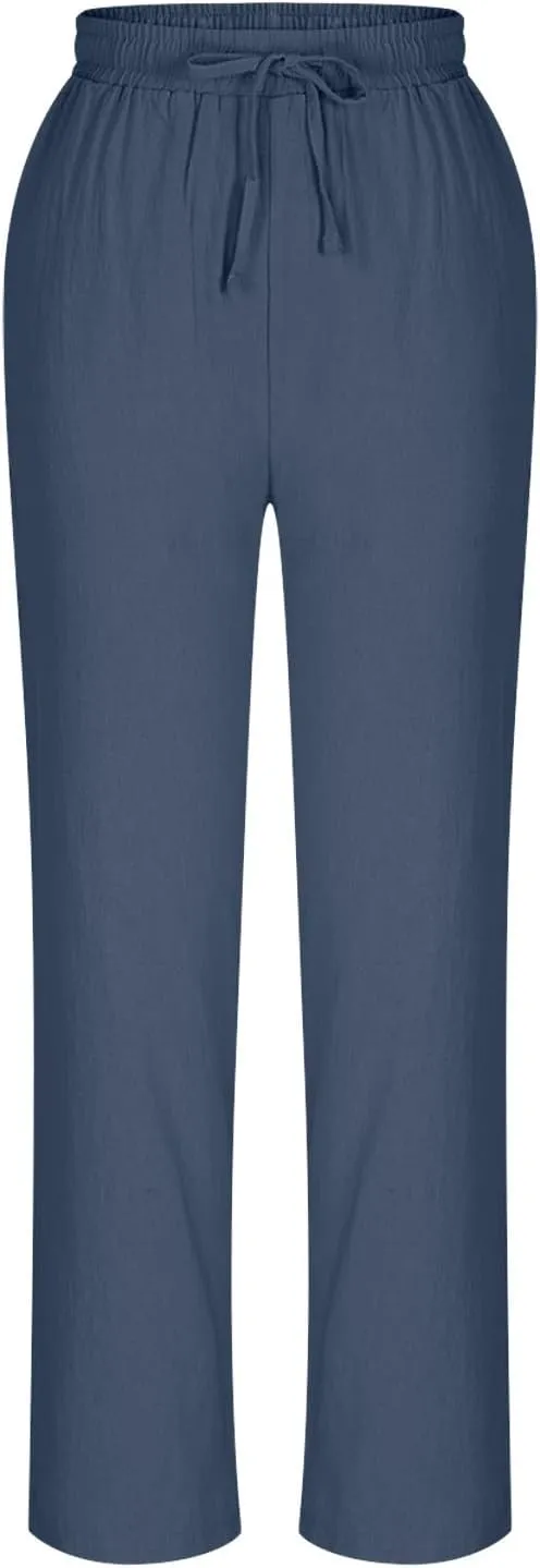 Linen Pants Women's Straight Leg Capri Pants for Women Solid Color Sweatpants for Women Elastic Waist Cropped Trousers