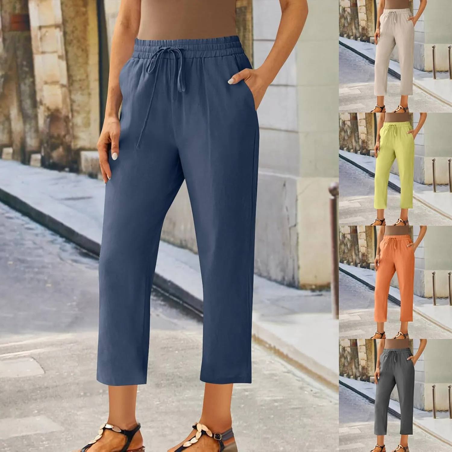 Linen Pants Women's Straight Leg Capri Pants for Women Solid Color Sweatpants for Women Elastic Waist Cropped Trousers