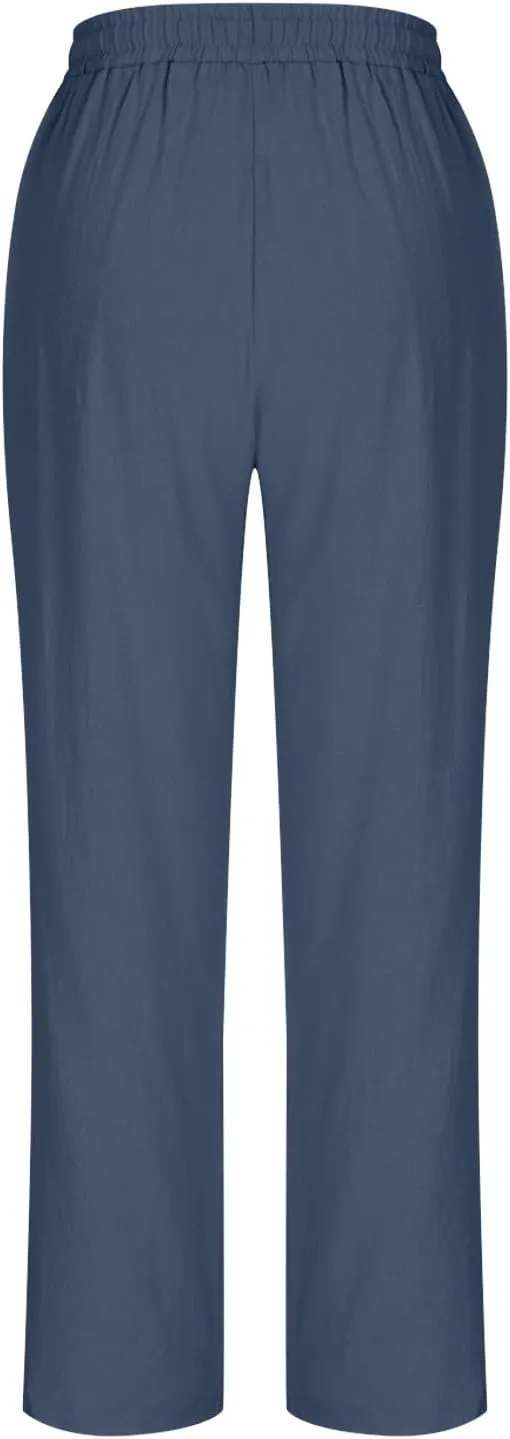 Linen Pants Women's Straight Leg Capri Pants for Women Solid Color Sweatpants for Women Elastic Waist Cropped Trousers