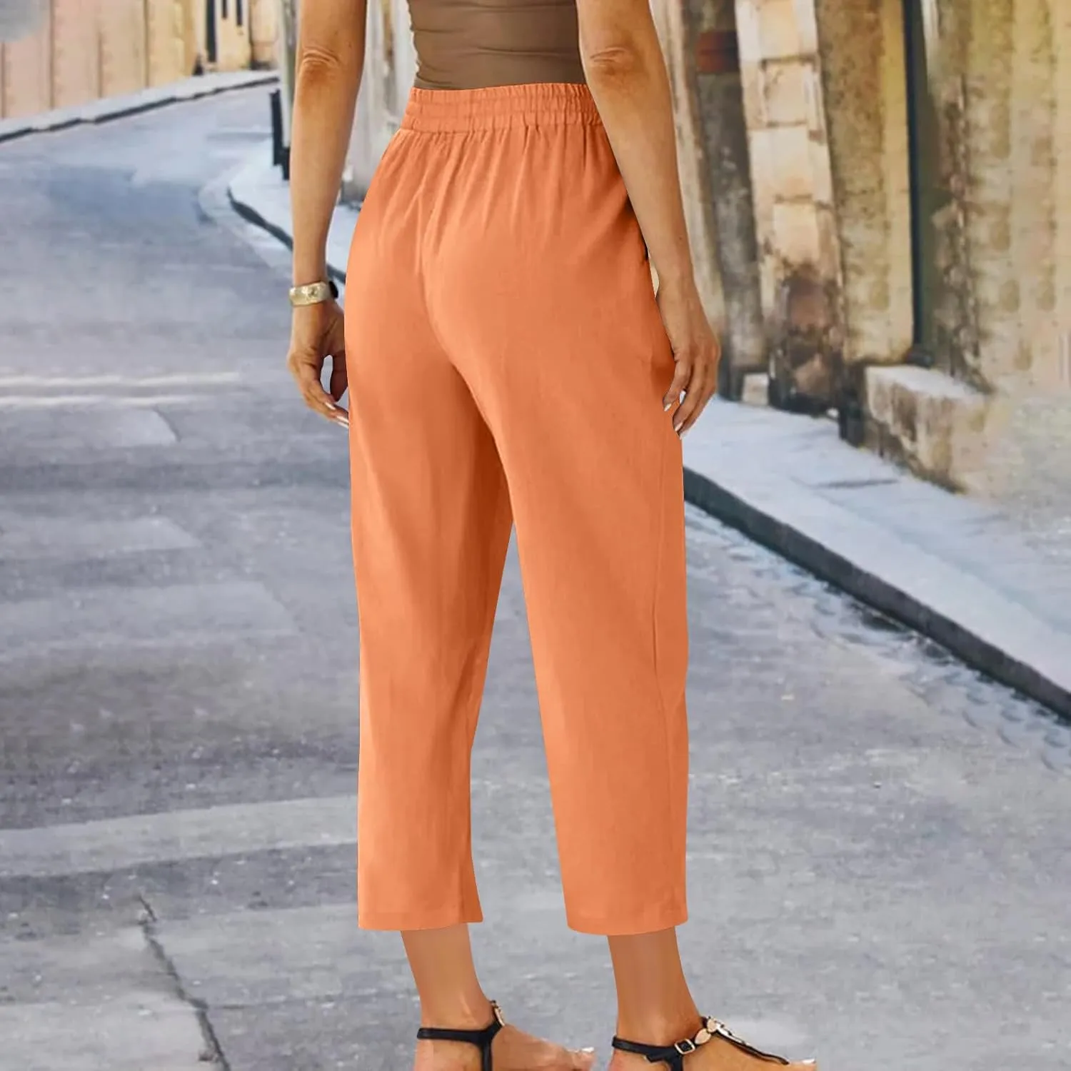 Linen Pants Women's Straight Leg Capri Pants for Women Solid Color Sweatpants for Women Elastic Waist Cropped Trousers