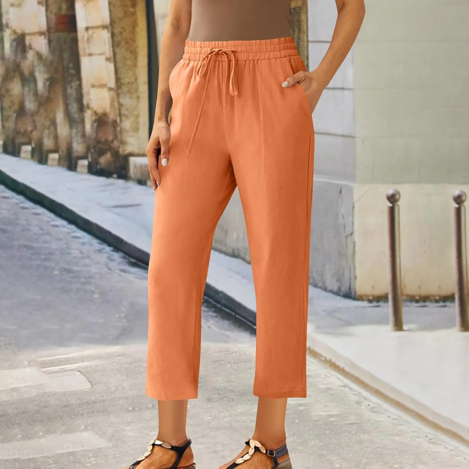 Linen Pants Women's Straight Leg Capri Pants for Women Solid Color Sweatpants for Women Elastic Waist Cropped Trousers