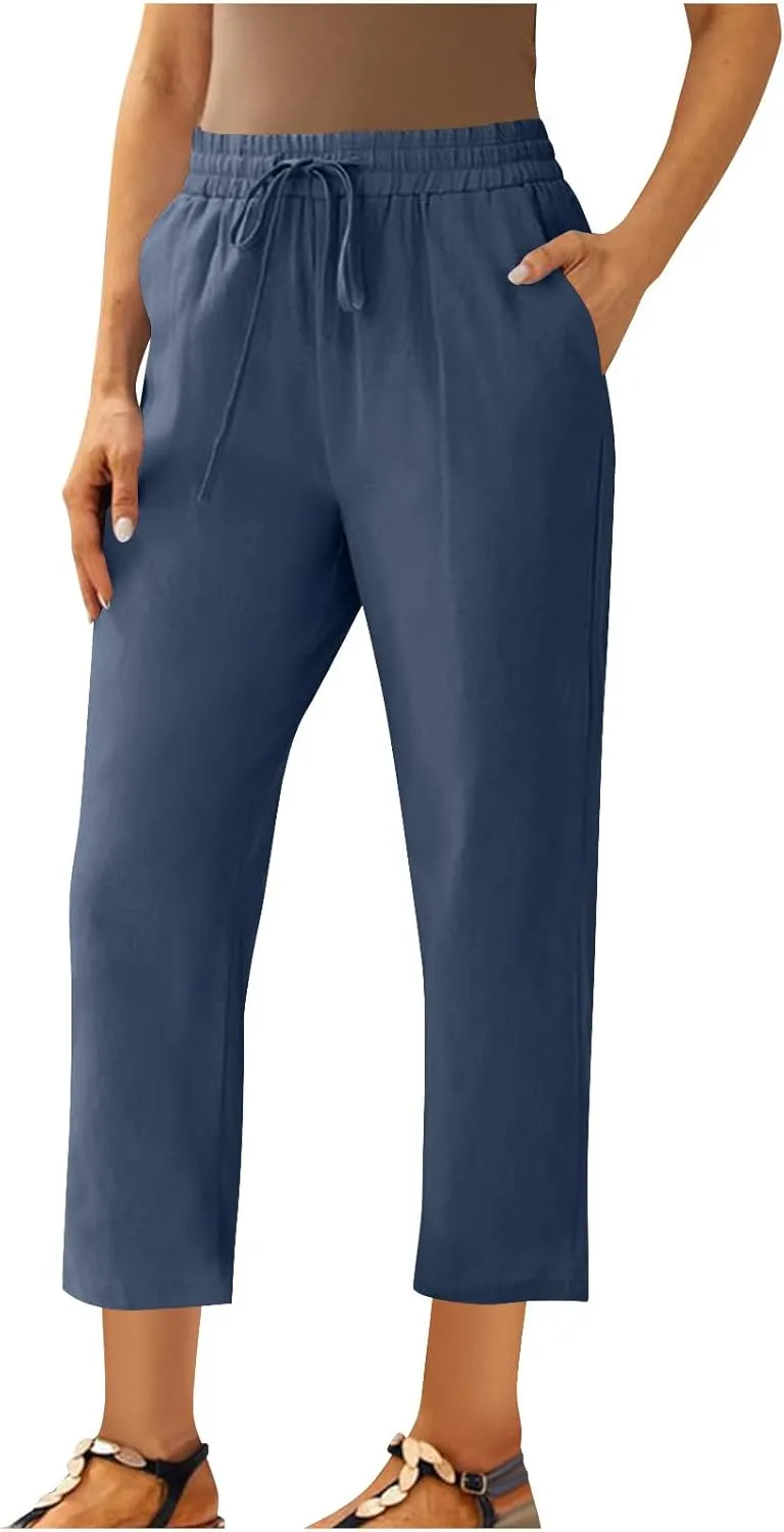 Linen Pants Women's Straight Leg Capri Pants for Women Solid Color Sweatpants for Women Elastic Waist Cropped Trousers