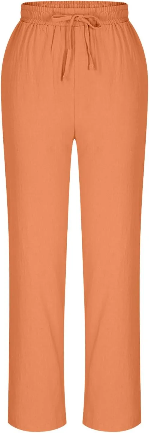 Linen Pants Women's Straight Leg Capri Pants for Women Solid Color Sweatpants for Women Elastic Waist Cropped Trousers