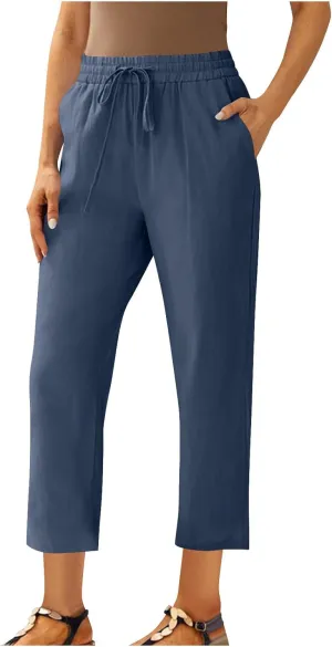 Linen Pants Women's Straight Leg Capri Pants for Women Solid Color Sweatpants for Women Elastic Waist Cropped Trousers