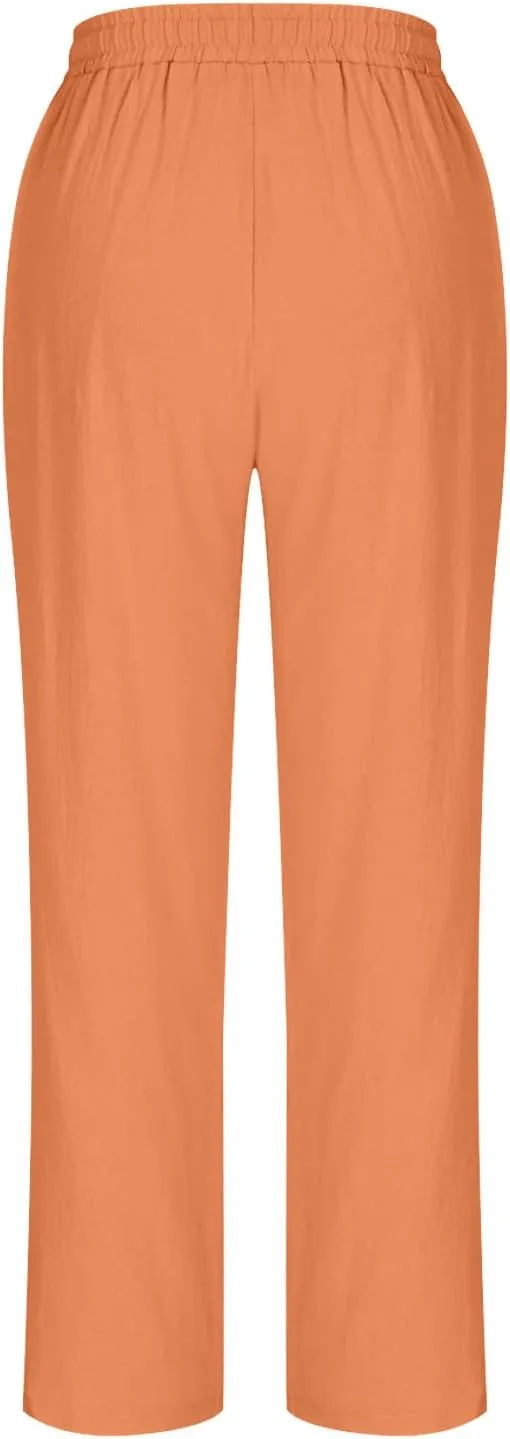 Linen Pants Women's Straight Leg Capri Pants for Women Solid Color Sweatpants for Women Elastic Waist Cropped Trousers