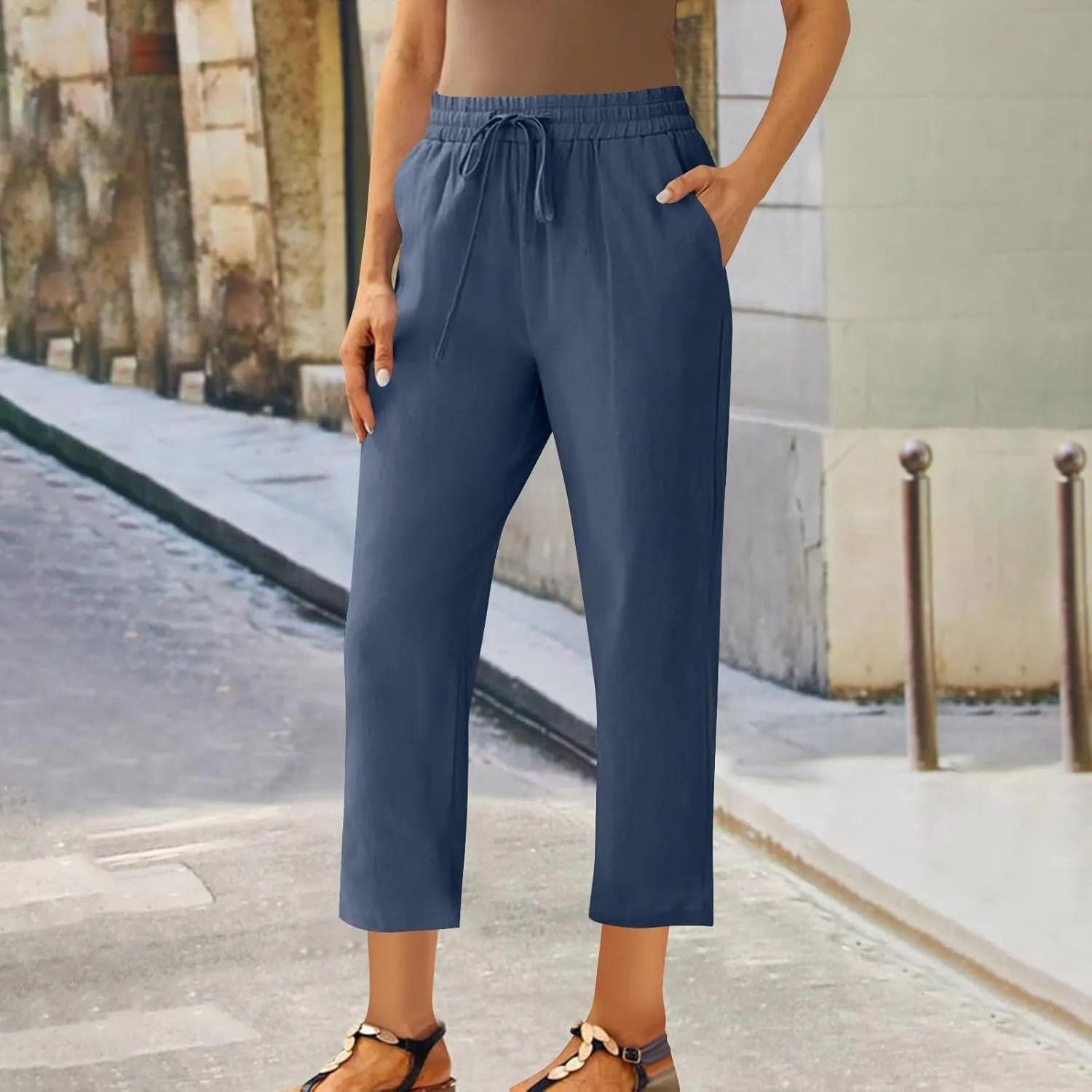Linen Pants Women's Straight Leg Capri Pants for Women Solid Color Sweatpants for Women Elastic Waist Cropped Trousers