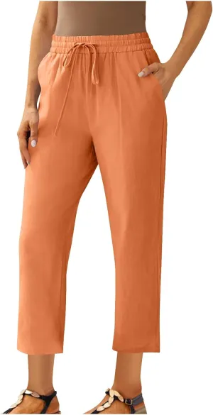 Linen Pants Women's Straight Leg Capri Pants for Women Solid Color Sweatpants for Women Elastic Waist Cropped Trousers