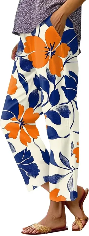 Linen Tall Pants for Women Summer Loose Fit Elastic Waist Wide Leg Pants Soft High Waist Straight Floral Print Outfits