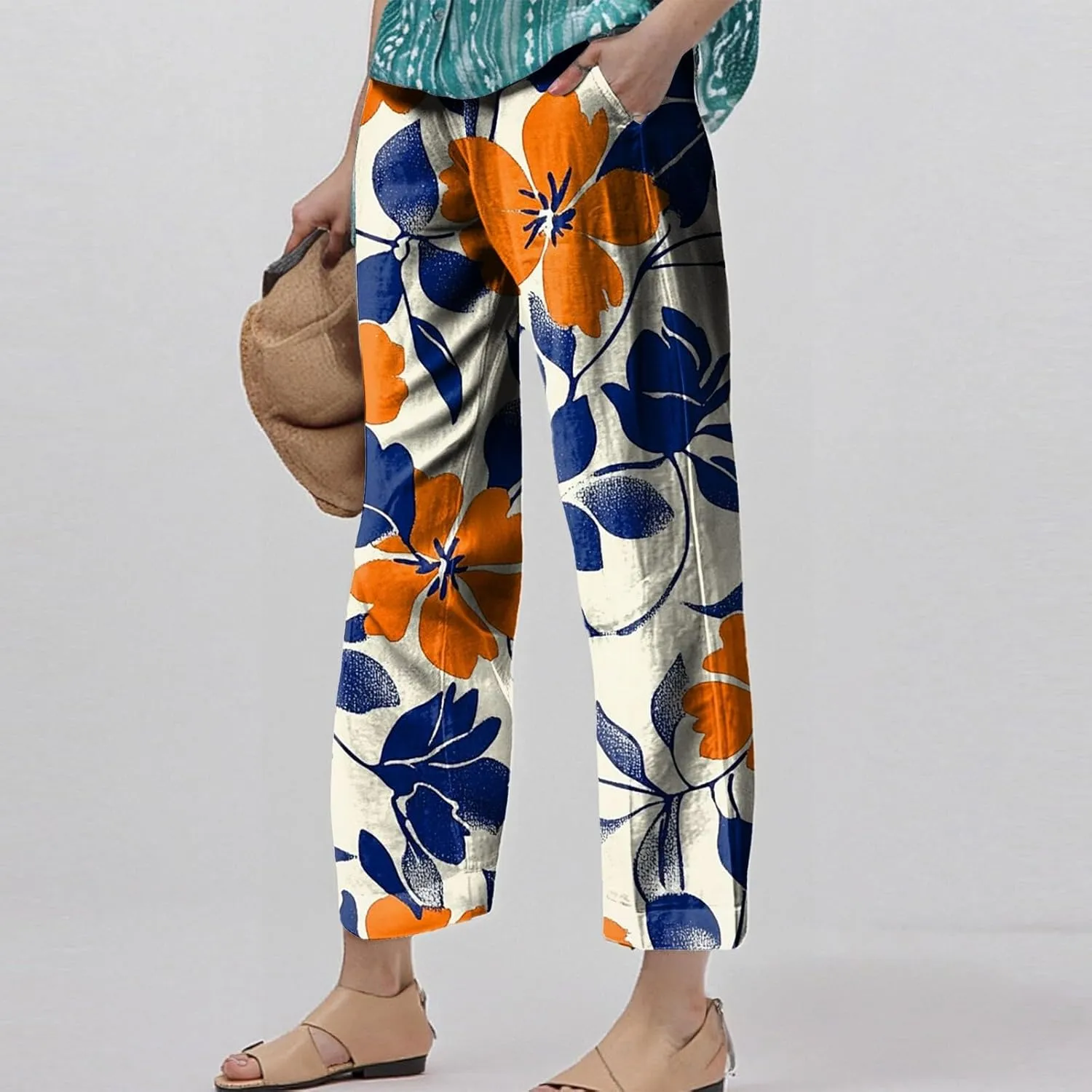 Linen Tall Pants for Women Summer Loose Fit Elastic Waist Wide Leg Pants Soft High Waist Straight Floral Print Outfits