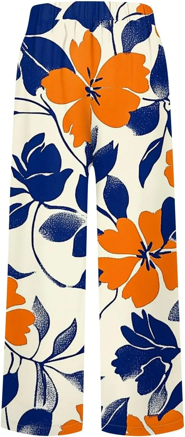 Linen Tall Pants for Women Summer Loose Fit Elastic Waist Wide Leg Pants Soft High Waist Straight Floral Print Outfits