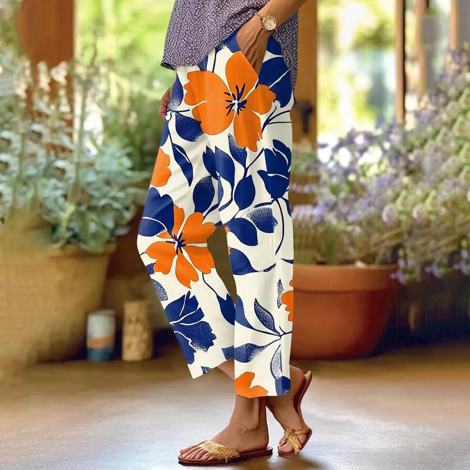 Linen Tall Pants for Women Summer Loose Fit Elastic Waist Wide Leg Pants Soft High Waist Straight Floral Print Outfits