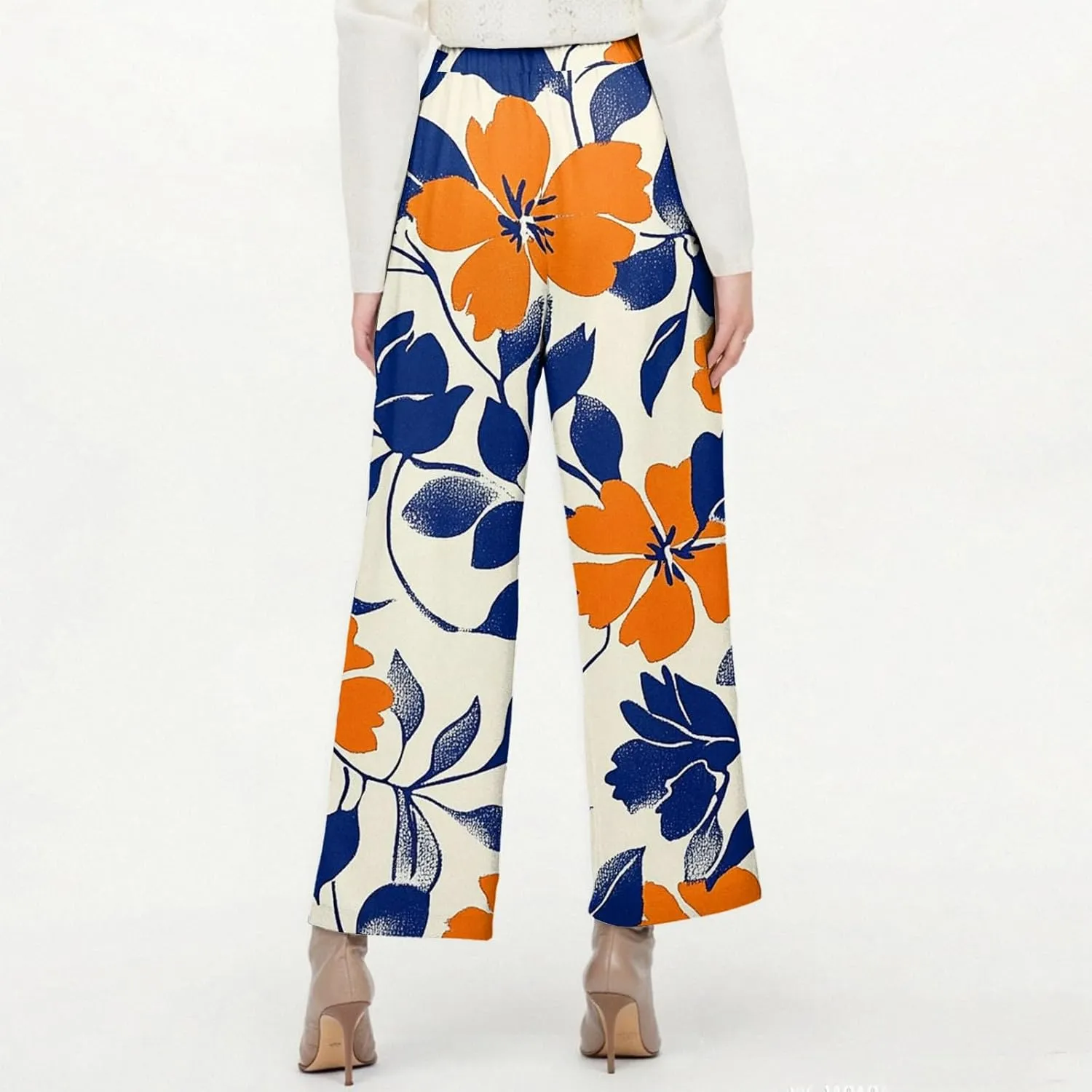Linen Tall Pants for Women Summer Loose Fit Elastic Waist Wide Leg Pants Soft High Waist Straight Floral Print Outfits