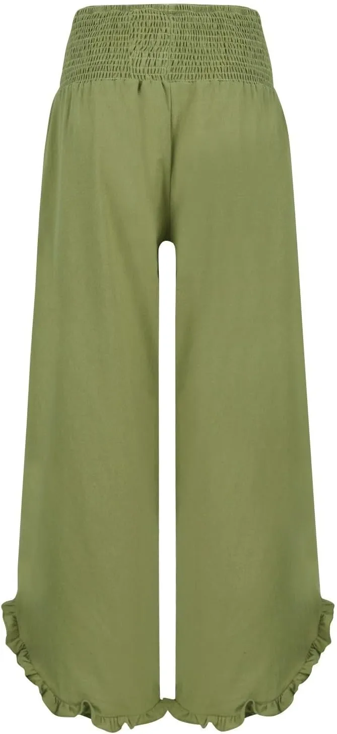 Linen Wide Leg Pants for Women Smocked High Waisted Palazzo Pants Boho Flowy Ruffle Hem Beach Trousers with Pockets