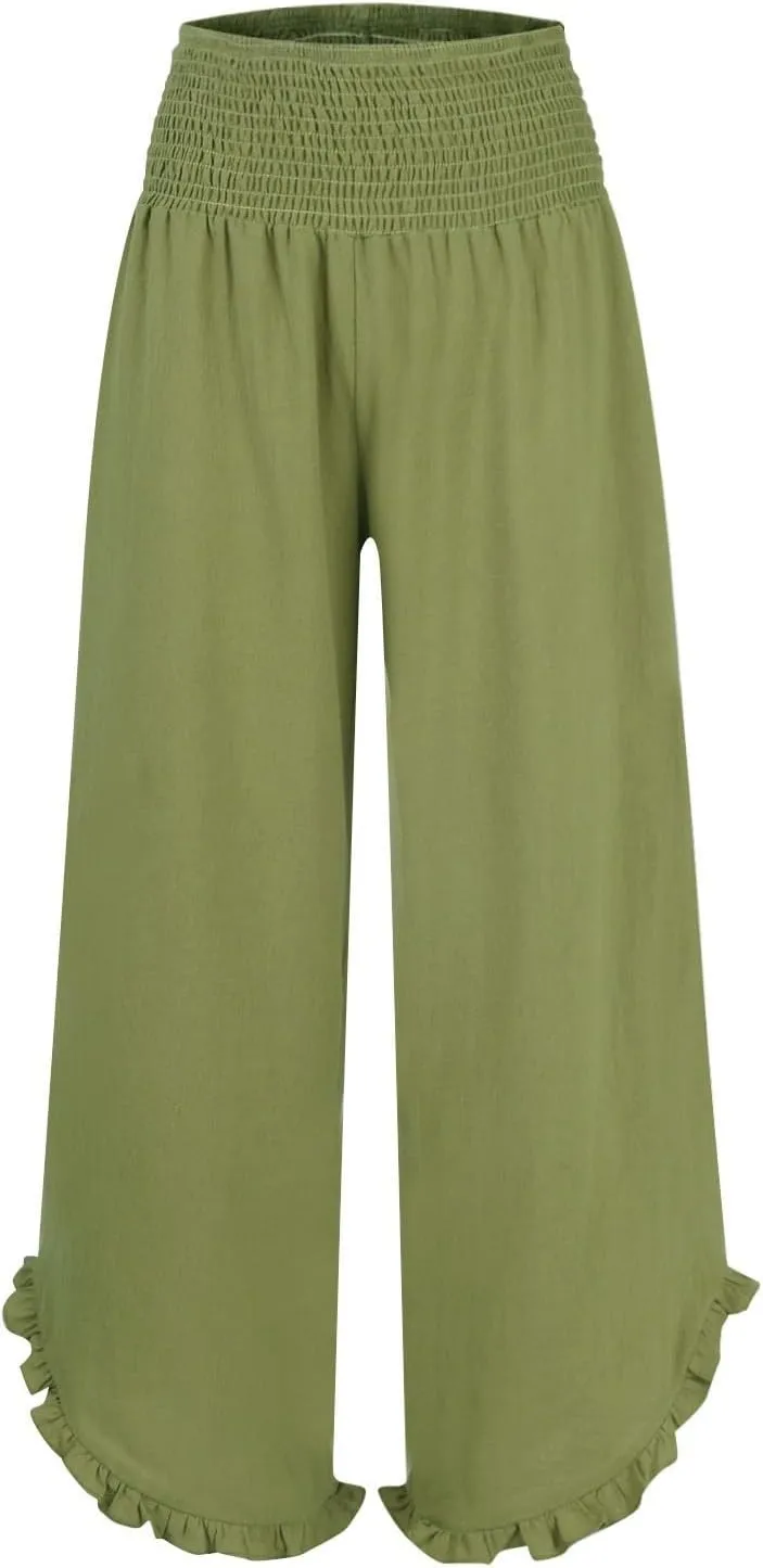 Linen Wide Leg Pants for Women Smocked High Waisted Palazzo Pants Boho Flowy Ruffle Hem Beach Trousers with Pockets