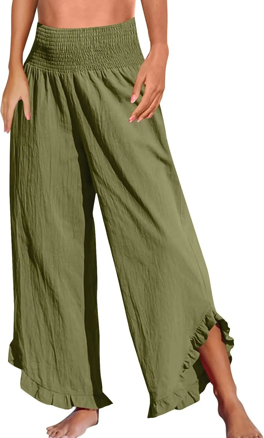 Linen Wide Leg Pants for Women Smocked High Waisted Palazzo Pants Boho Flowy Ruffle Hem Beach Trousers with Pockets