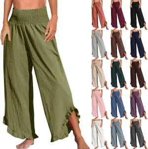 Linen Wide Leg Pants for Women Smocked High Waisted Palazzo Pants Boho Flowy Ruffle Hem Beach Trousers with Pockets