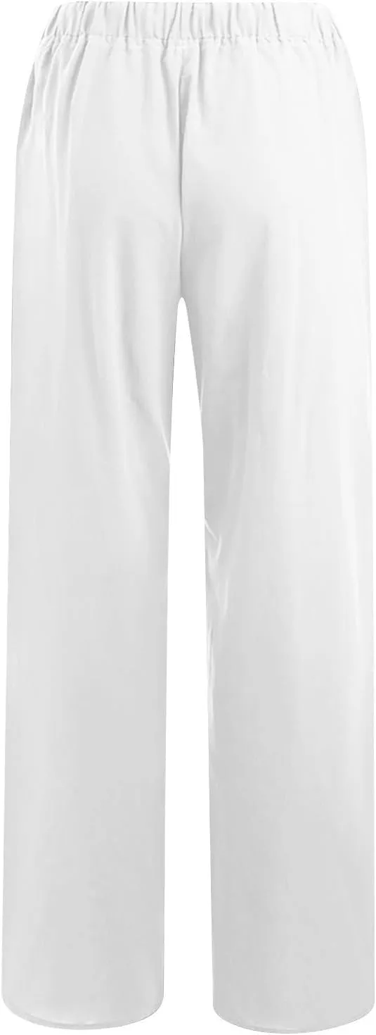 Lmdudan 2 Pcs Linen Pants for Women Summer 2025 Casual Drawstring Elastic Waist Wide Leg Pant Lounge Trousers with Pockets