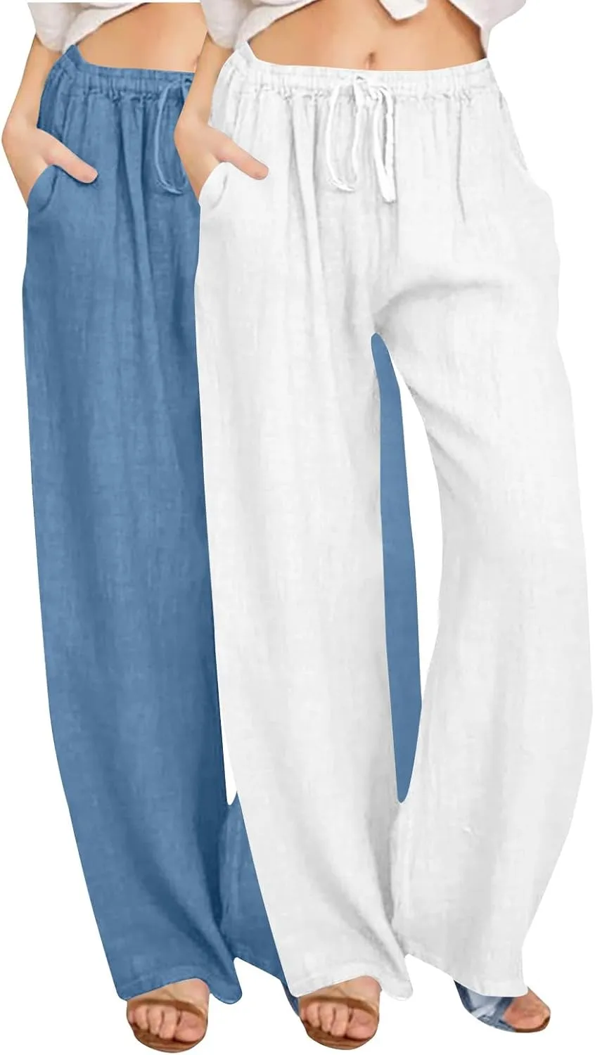 Lmdudan 2 Pcs Linen Pants for Women Summer 2025 Casual Drawstring Elastic Waist Wide Leg Pant Lounge Trousers with Pockets
