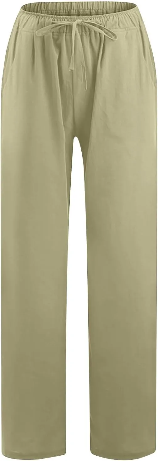 Lmdudan 2 Pcs Linen Pants for Women Summer 2025 Casual Drawstring Elastic Waist Wide Leg Pant Lounge Trousers with Pockets