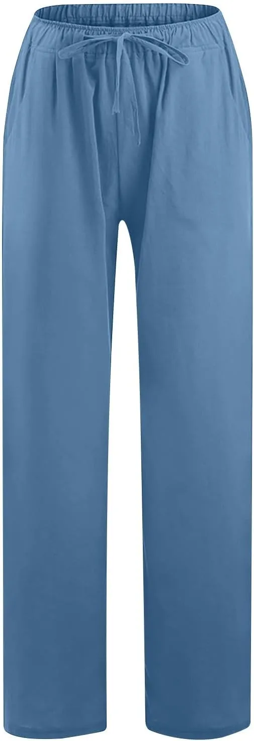 Lmdudan 2 Pcs Linen Pants for Women Summer 2025 Casual Drawstring Elastic Waist Wide Leg Pant Lounge Trousers with Pockets