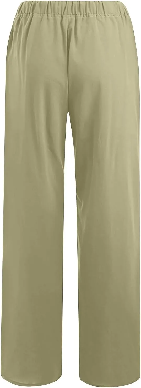 Lmdudan 2 Pcs Linen Pants for Women Summer 2025 Casual Drawstring Elastic Waist Wide Leg Pant Lounge Trousers with Pockets