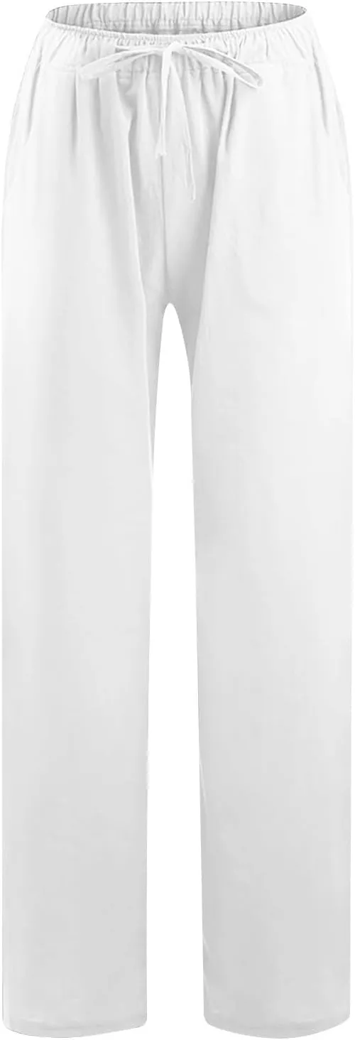 Lmdudan 2 Pcs Linen Pants for Women Summer 2025 Casual Drawstring Elastic Waist Wide Leg Pant Lounge Trousers with Pockets