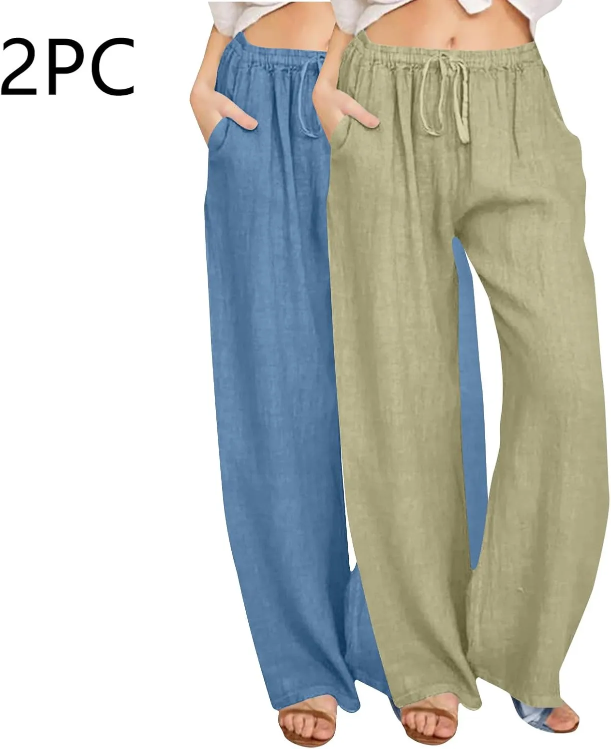 Lmdudan 2 Pcs Linen Pants for Women Summer 2025 Casual Drawstring Elastic Waist Wide Leg Pant Lounge Trousers with Pockets