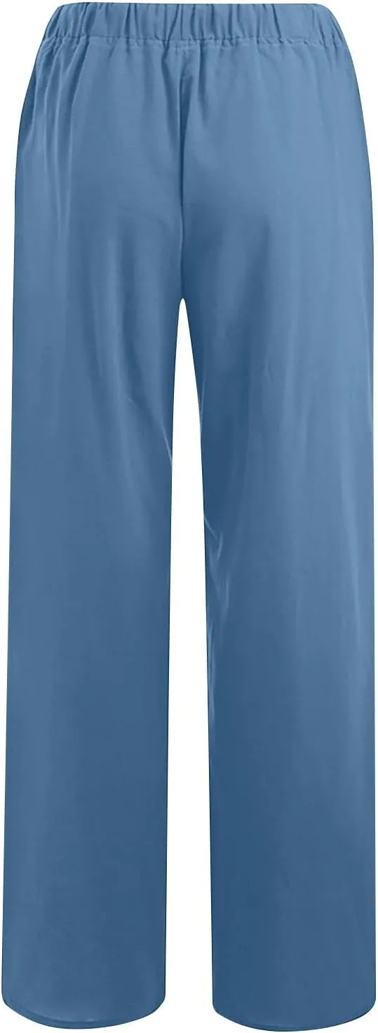 Lmdudan 2 Pcs Linen Pants for Women Summer 2025 Casual Drawstring Elastic Waist Wide Leg Pant Lounge Trousers with Pockets