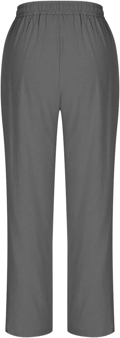Lmdudan 2025 Plus Size Women Linen Crop Pants Drawstring Elastic Waist Capris Summer Lounge Cropped Pant Trousers with Pocket